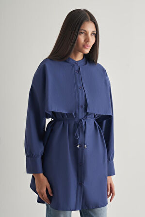 Mizalle Rüzgarlıklı Hakim Yaka Uzun İndigo Mavi Gömlek