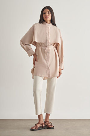 Mizalle Rüzgarlıklı Hakim Yaka Uzun Taş Rengi Gömlek