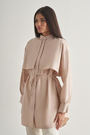 Mizalle Rüzgarlıklı Hakim Yaka Uzun Taş Rengi Gömlek