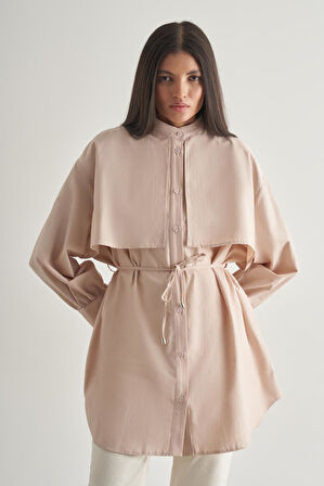 Mizalle Rüzgarlıklı Hakim Yaka Uzun Taş Rengi Gömlek