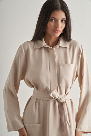 Mizalle Modal Karışımlı Kuşaklı Taş Rengi Uzun Gömlek Elbise