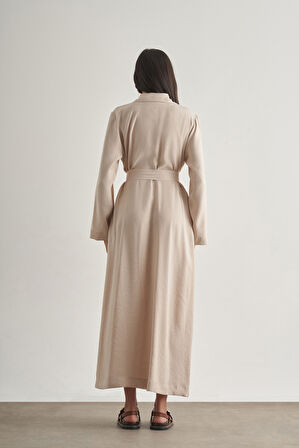Mizalle Modal Karışımlı Kuşaklı Taş Rengi Uzun Gömlek Elbise