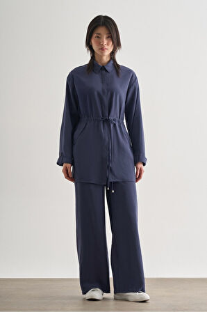 Mizalle Çift Cepli Beli İp Büzgülü Modal Lacivert Tunik