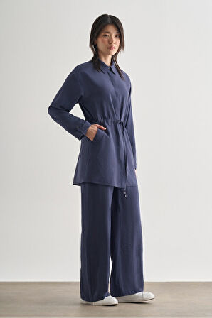 Mizalle Çift Cepli Beli İp Büzgülü Modal Lacivert Tunik