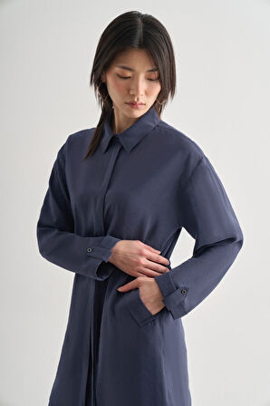 Mizalle Çift Cepli Beli İp Büzgülü Modal Lacivert Tunik