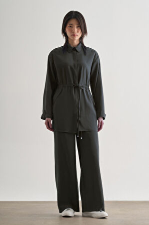 Mizalle Beli İp Büzgülü Modal Gri Tunik