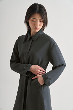 Mizalle Beli İp Büzgülü Modal Gri Tunik