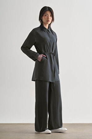 Mizalle Beli İp Büzgülü Modal Gri Tunik