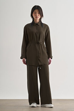 Mizalle  Beli İp Büzgülü Modal Koyu Kahverengi Tunik