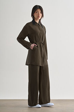 Mizalle  Beli İp Büzgülü Modal Koyu Kahverengi Tunik