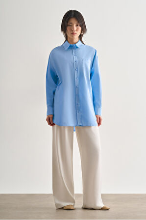 Mizalle Premium Saf Pamuk Açık Mavi Oversize Gömlek