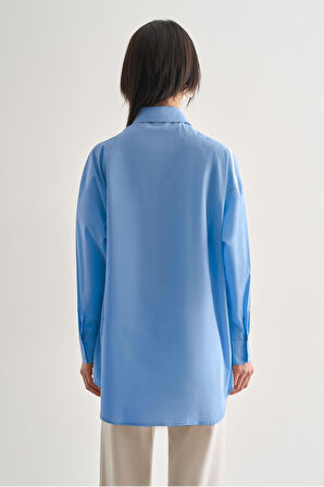 Mizalle Premium Saf Pamuk Açık Mavi Oversize Gömlek