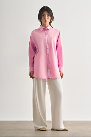 Mizalle Premium Saf Pamuk Pembe Oversize Gömlek