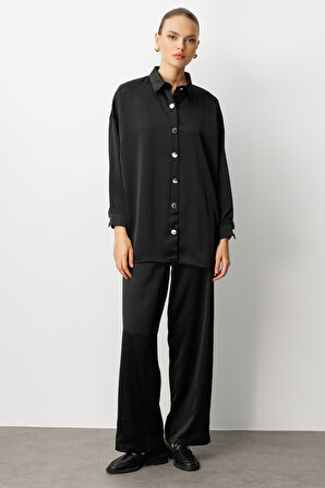 Mizalle Metal Düğmeli Siyah Saten Tunik Gömlek