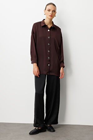 Mizalle Metal Düğmeli Kahverengi Saten Tunik Gömlek