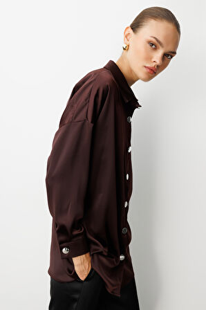 Mizalle Metal Düğmeli Kahverengi Saten Tunik Gömlek