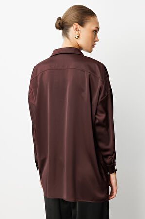 Mizalle Metal Düğmeli Kahverengi Saten Tunik Gömlek