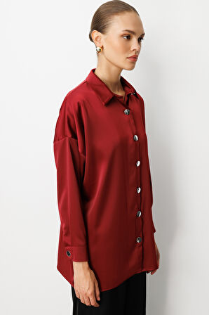 Mizalle Metal Düğmeli Lacivert Saten Tunik Gömlek