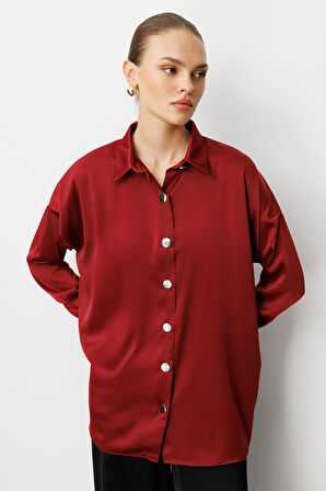 Mizalle Metal Düğmeli Lacivert Saten Tunik Gömlek