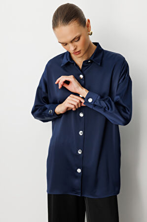 Mizalle Metal Düğmeli Bordo Saten Tunik Gömlek