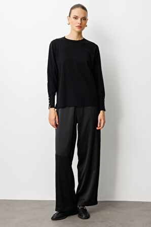 Mizalle Beli Lastikli Geniş Paça Siyah Saten Pantolon