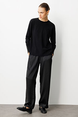 Mizalle Beli Lastikli Geniş Paça Siyah Saten Pantolon