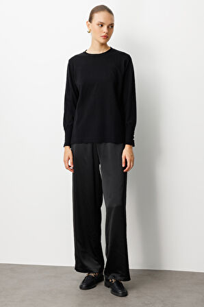 Mizalle Beli Lastikli Geniş Paça Siyah Saten Pantolon