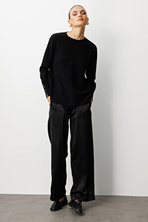 Mizalle Beli Lastikli Geniş Paça Siyah Saten Pantolon