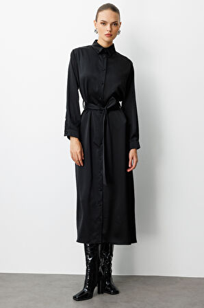 Mizalle Siyah Saten Maksi Gömlek Elbise