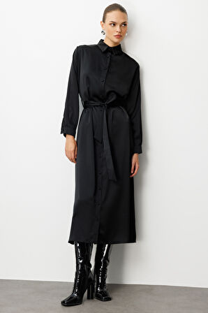 Mizalle Siyah Saten Maksi Gömlek Elbise