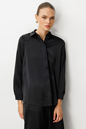 Mizalle Klasik Siyah Saten Gömlek Bluz