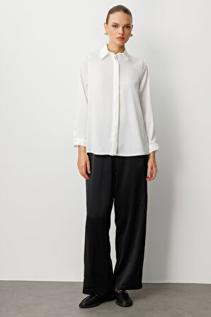 Mizalle Klasik Ekru Saten Gömlek Bluz