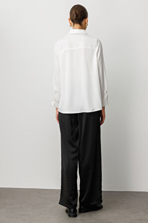 Mizalle Klasik Ekru Saten Gömlek Bluz