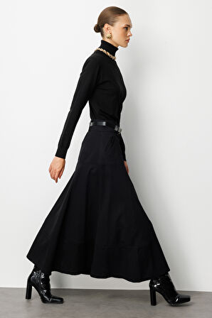 Mizalle Siyah A Kesim Kemerli Kalın Volanlı Maksi Etek