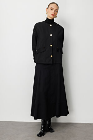 Mizalle Siyah A Kesim Kemerli Kalın Volanlı Maksi Etek