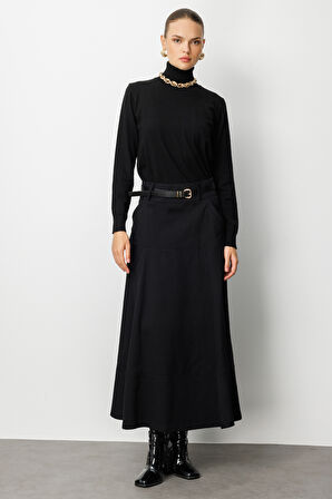 Mizalle Siyah A Kesim Kemerli Kalın Volanlı Maksi Etek