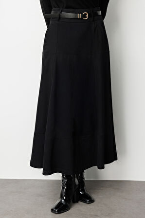 Mizalle Siyah A Kesim Kemerli Kalın Volanlı Maksi Etek