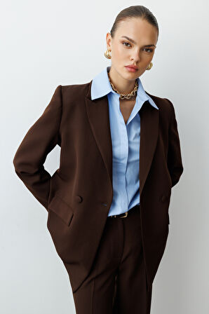 Mizalle Oversize Kahverengi Kruvaze Blazer Ceket