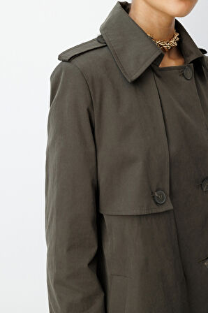 Mizalle Haki Apoletli Klasik Maxi Mac Trençkot