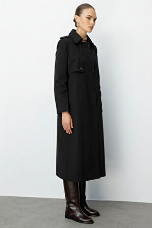 Mizalle Siyah Apoletli Klasik Maxi Mac Trençkot