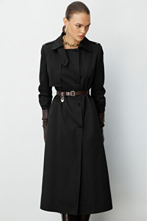Mizalle Siyah Apoletli Klasik Maxi Mac Trençkot
