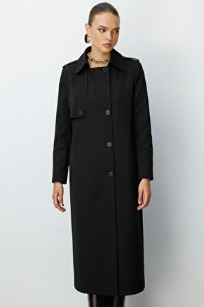 Mizalle Siyah Apoletli Klasik Maxi Mac Trençkot