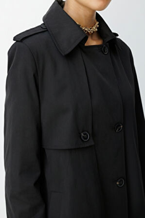 Mizalle Siyah Apoletli Klasik Maxi Mac Trençkot