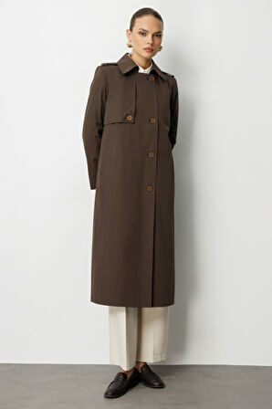Mizalle Kahverengi Apoletli Klasik Maxi Mac Trençkot