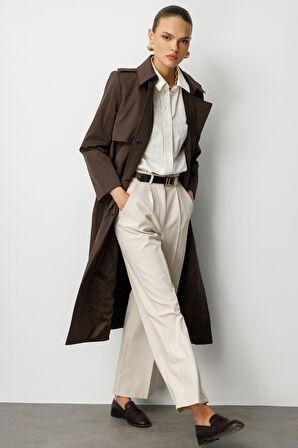 Mizalle Kahverengi Apoletli Klasik Maxi Mac Trençkot