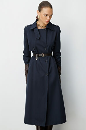 Mizalle Lacivert Apoletli Klasik Maxi Mac Trençkot