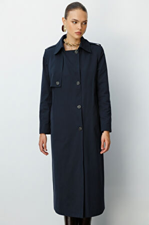 Mizalle Lacivert Apoletli Klasik Maxi Mac Trençkot