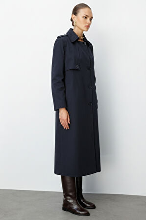 Mizalle Lacivert Apoletli Klasik Maxi Mac Trençkot