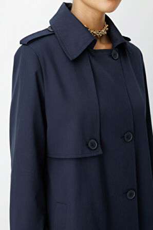 Mizalle Lacivert Apoletli Klasik Maxi Mac Trençkot