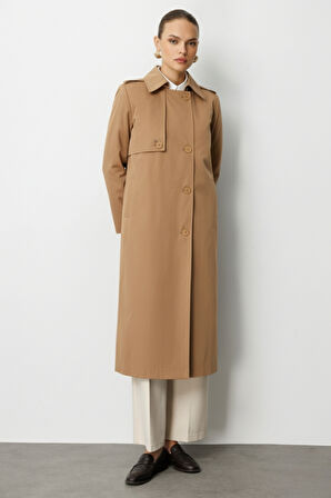 Mizalle Camel  Apoletli Klasik Maxi Mac Trençkot